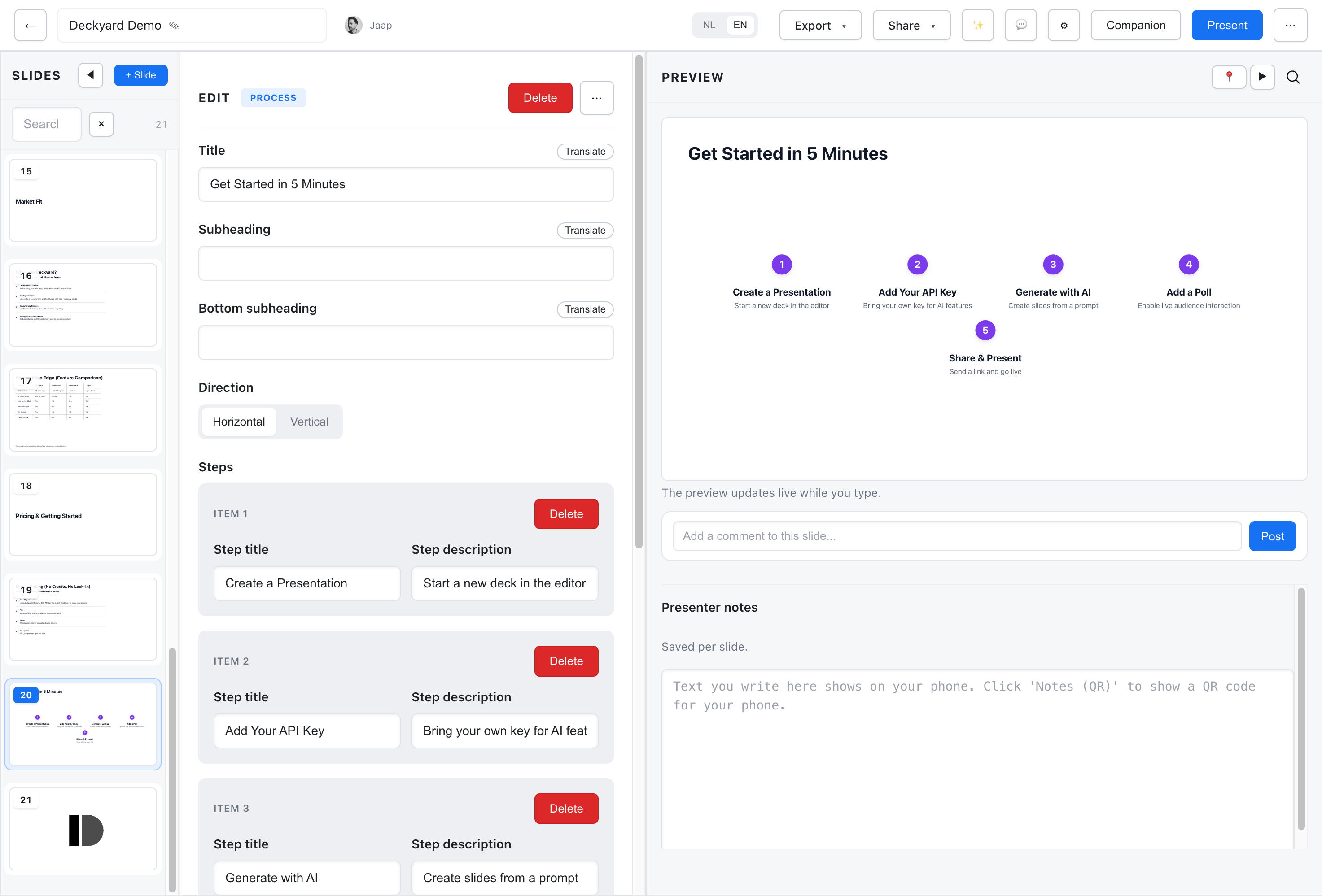 Process slide editor with numbered steps