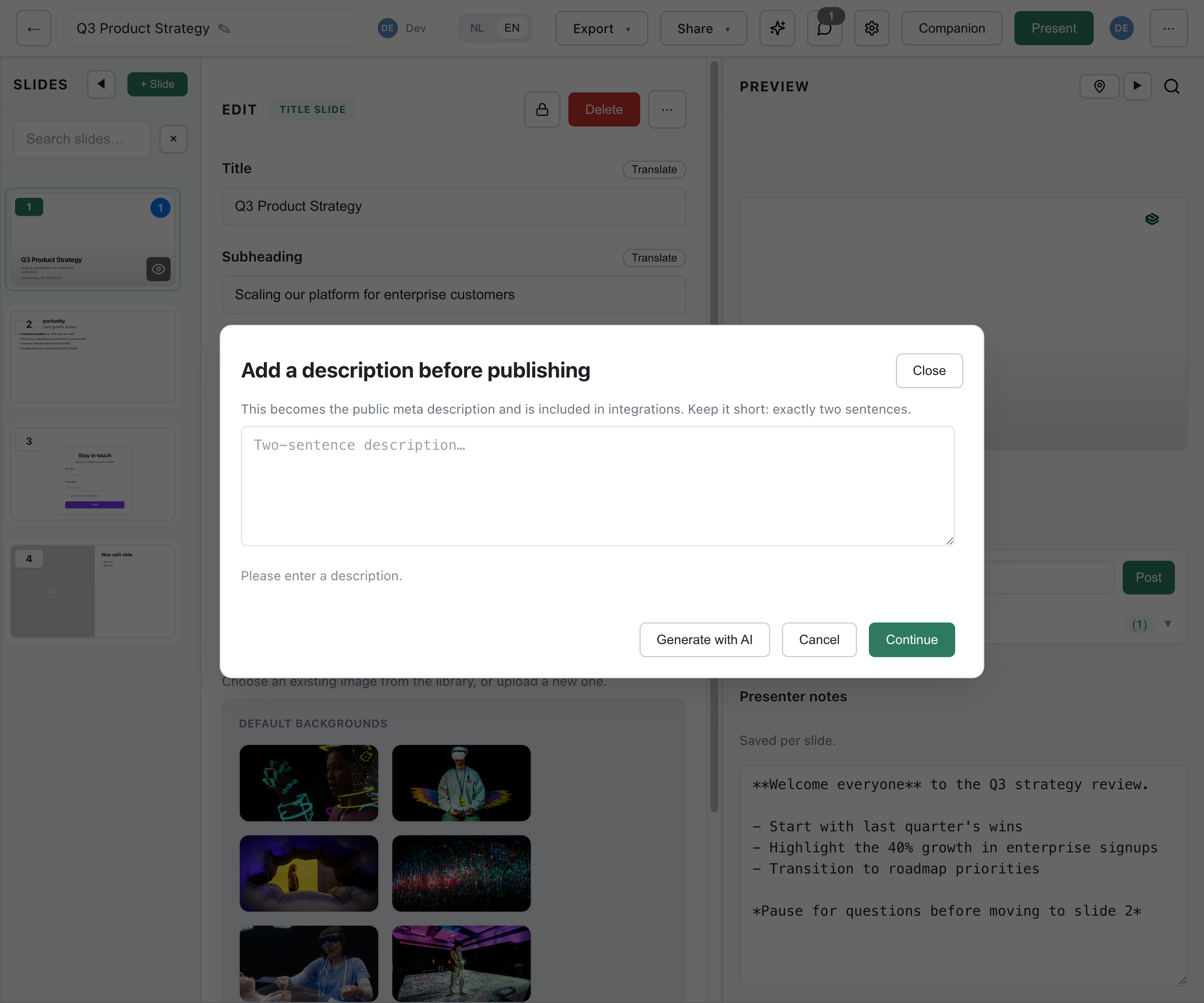 Publish dialog prompting for a two-sentence description with Generate with AI, Cancel, and Continue buttons