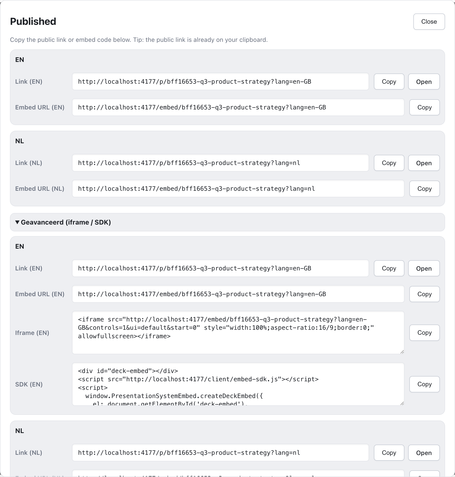 Published dialog with expanded Advanced section showing iframe embed code and SDK integration code for each language