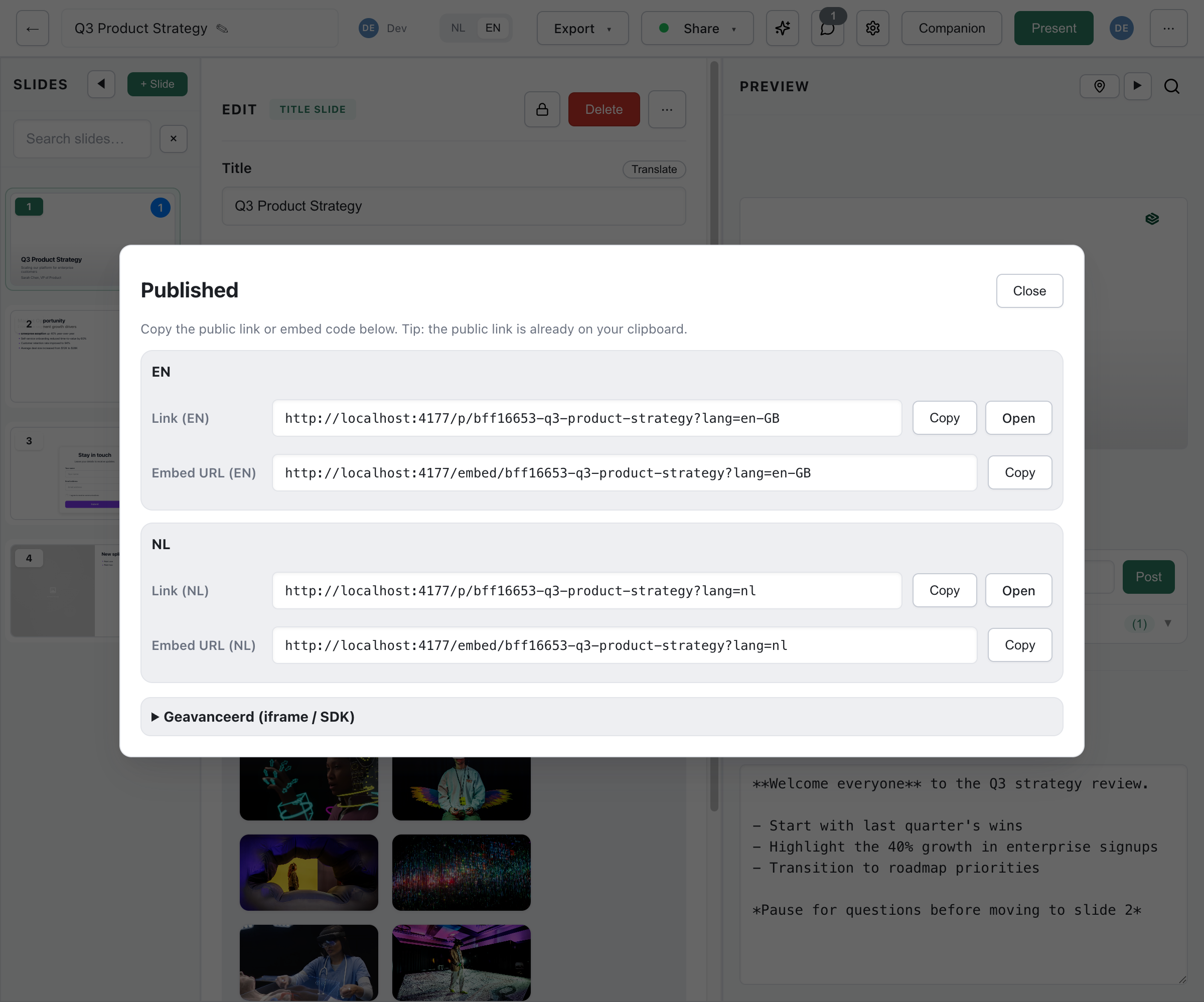 Published dialog showing public links and embed URLs for each language, with Copy and Open buttons