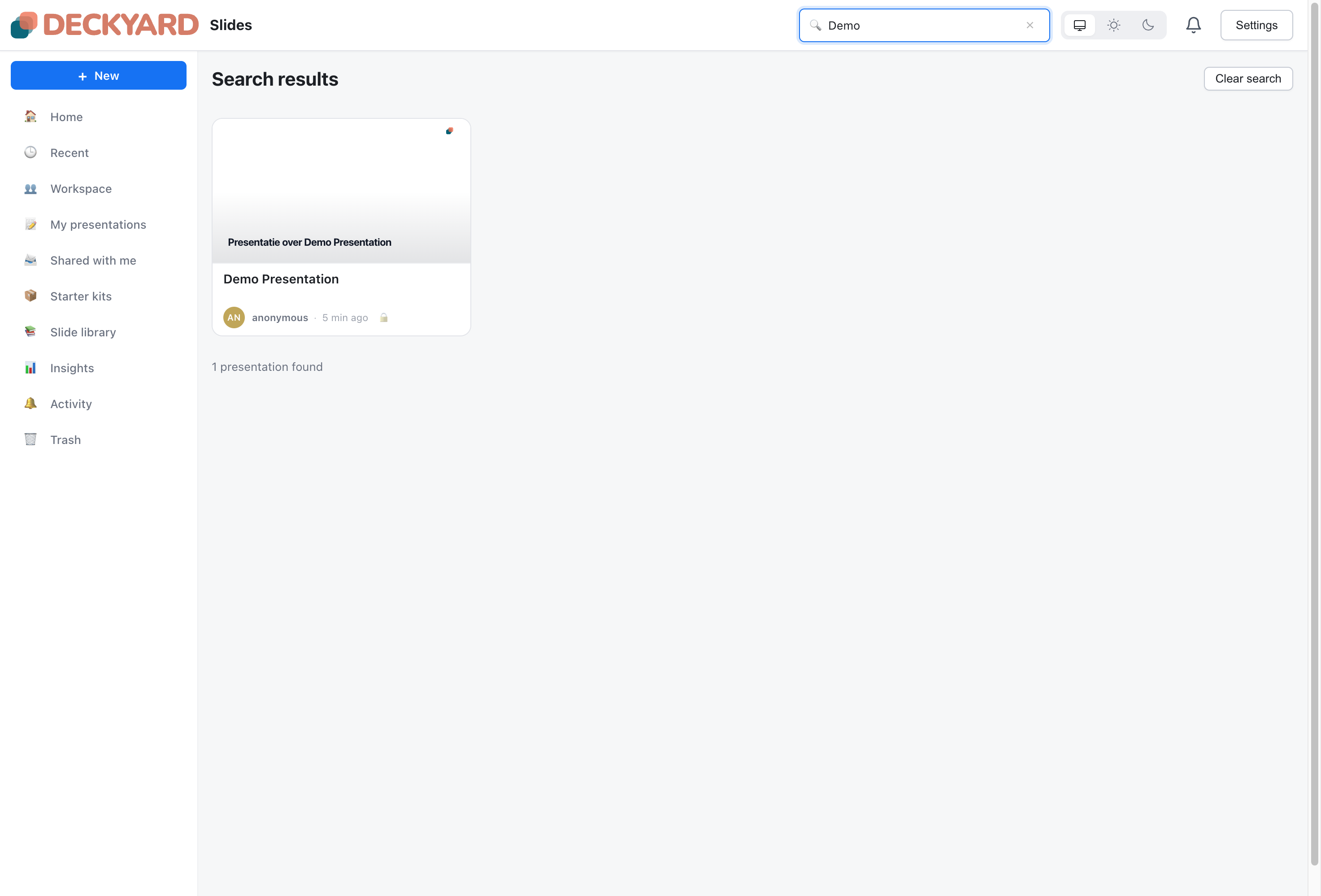 Search results showing matching presentations