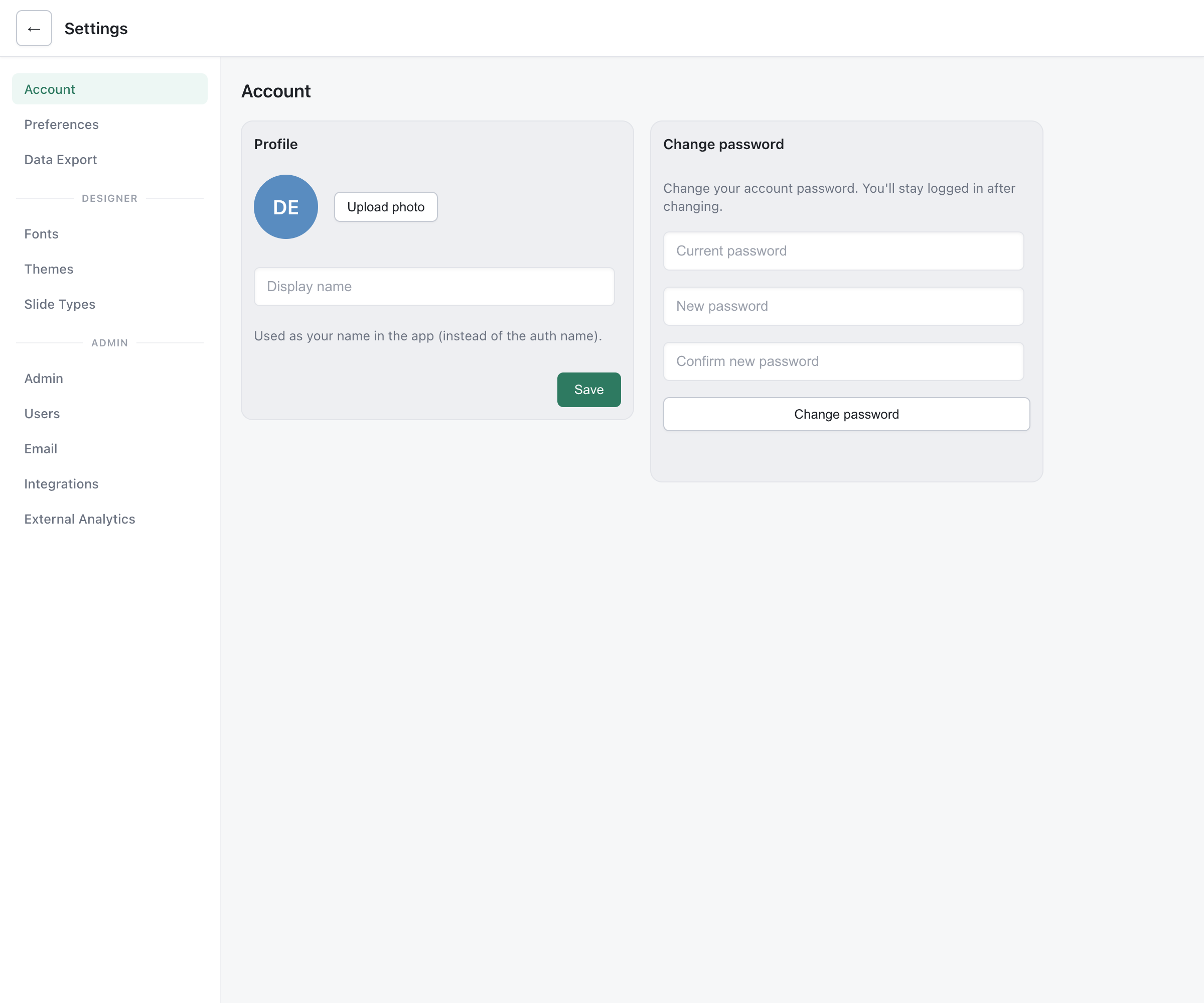 Account settings showing profile photo upload, display name field, and password change form