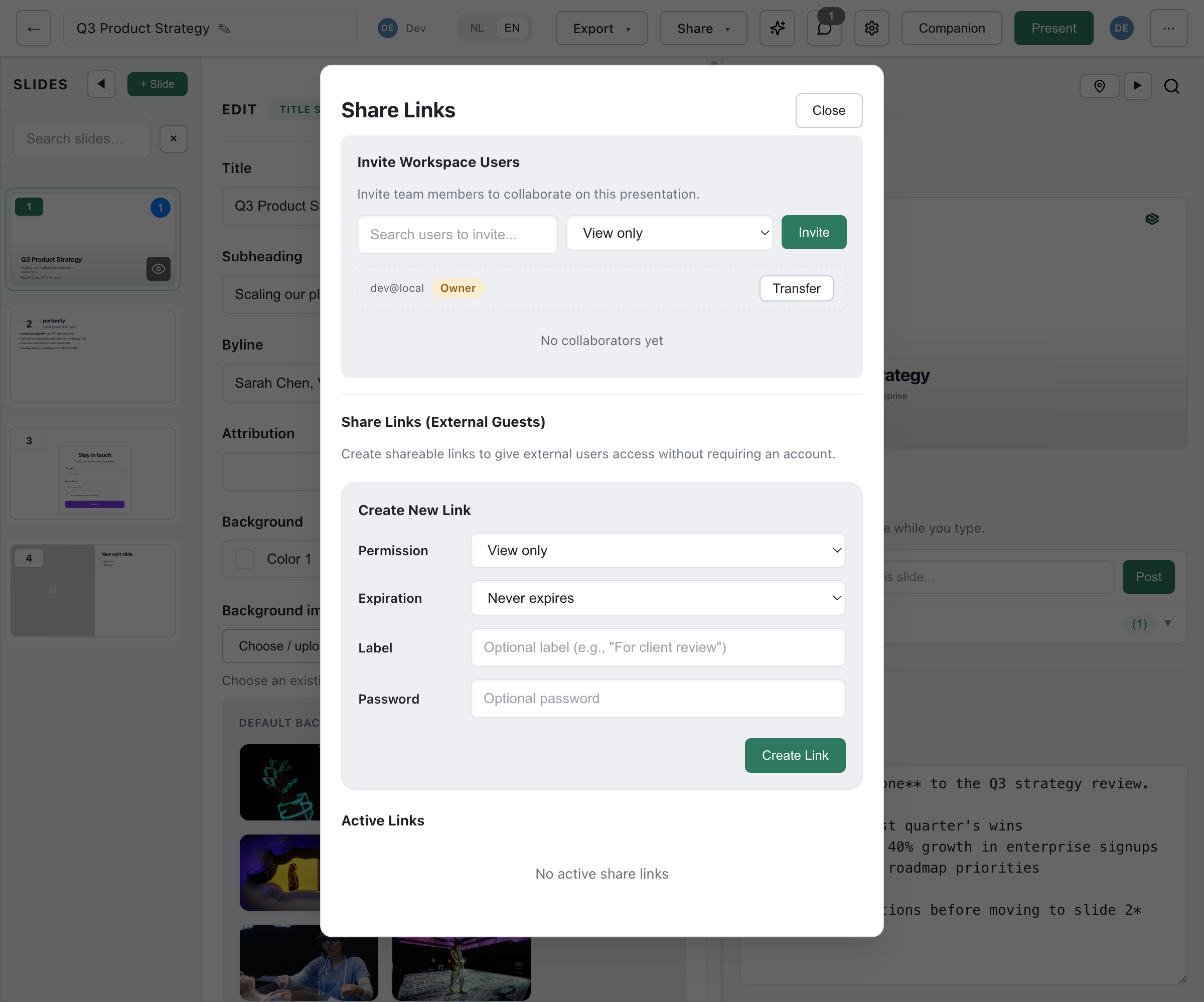 Share Links dialog showing workspace user invitations with permission levels and external guest link creation with expiration, label, and password options
