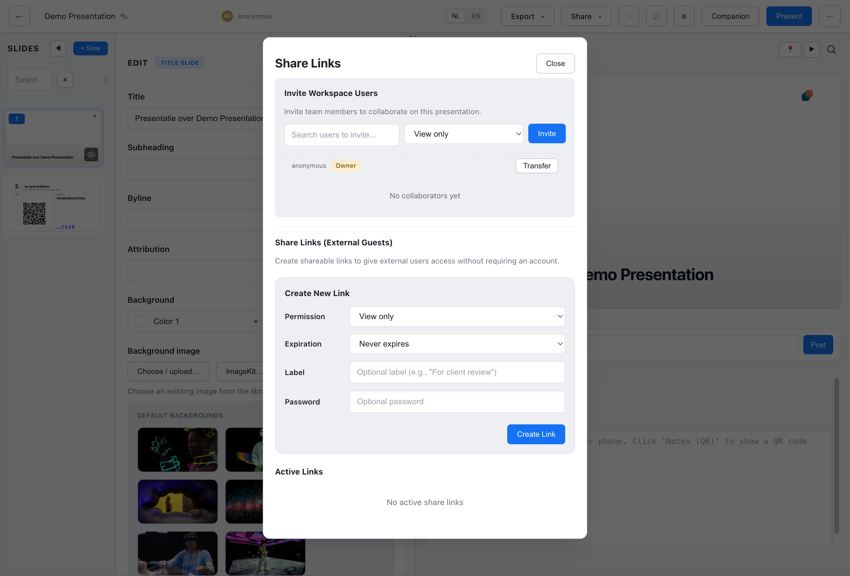 Share Links modal with workspace invites and external share links