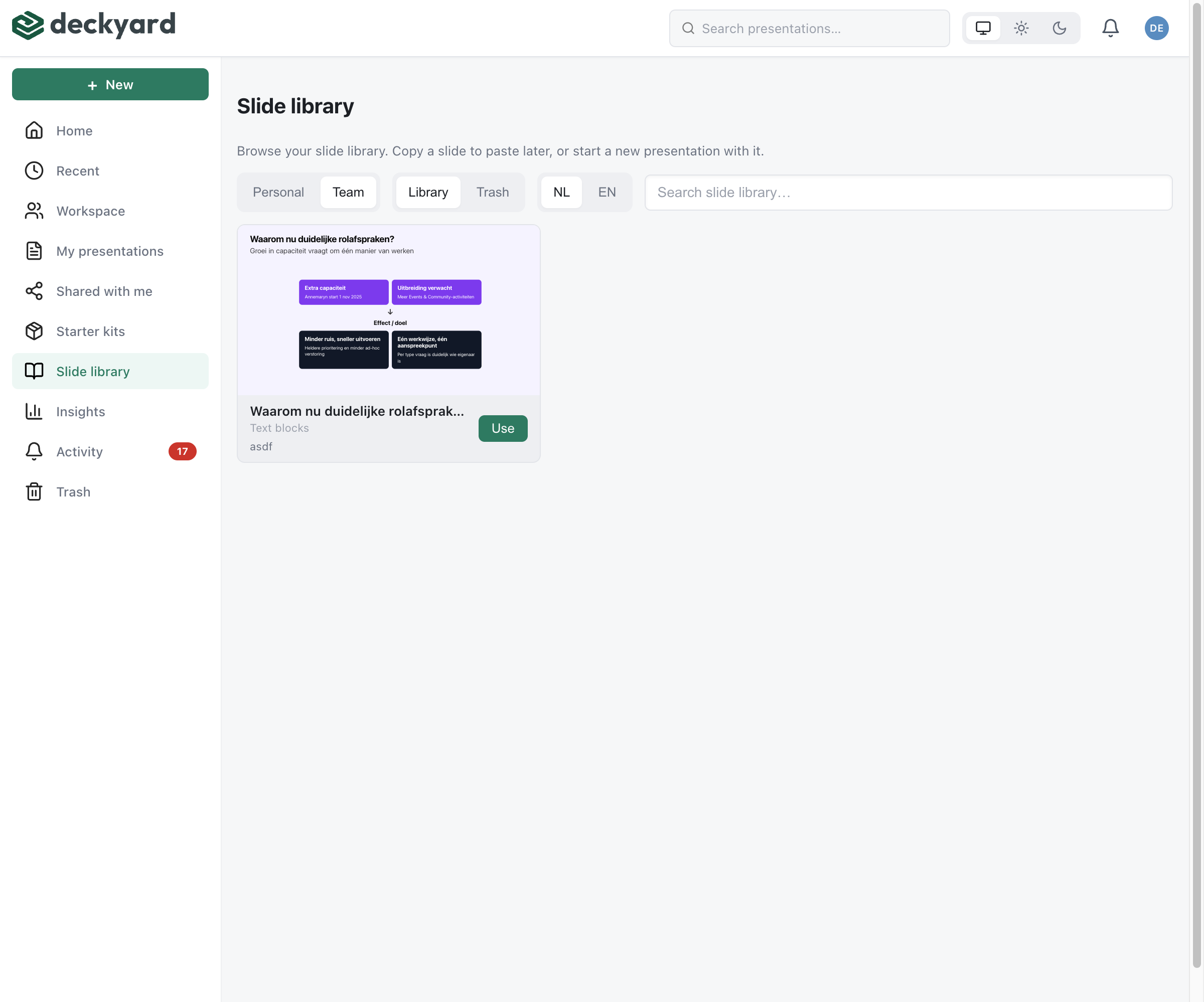 Slide library showing saved slides with Personal/Team tabs, language filter, search, and Use button