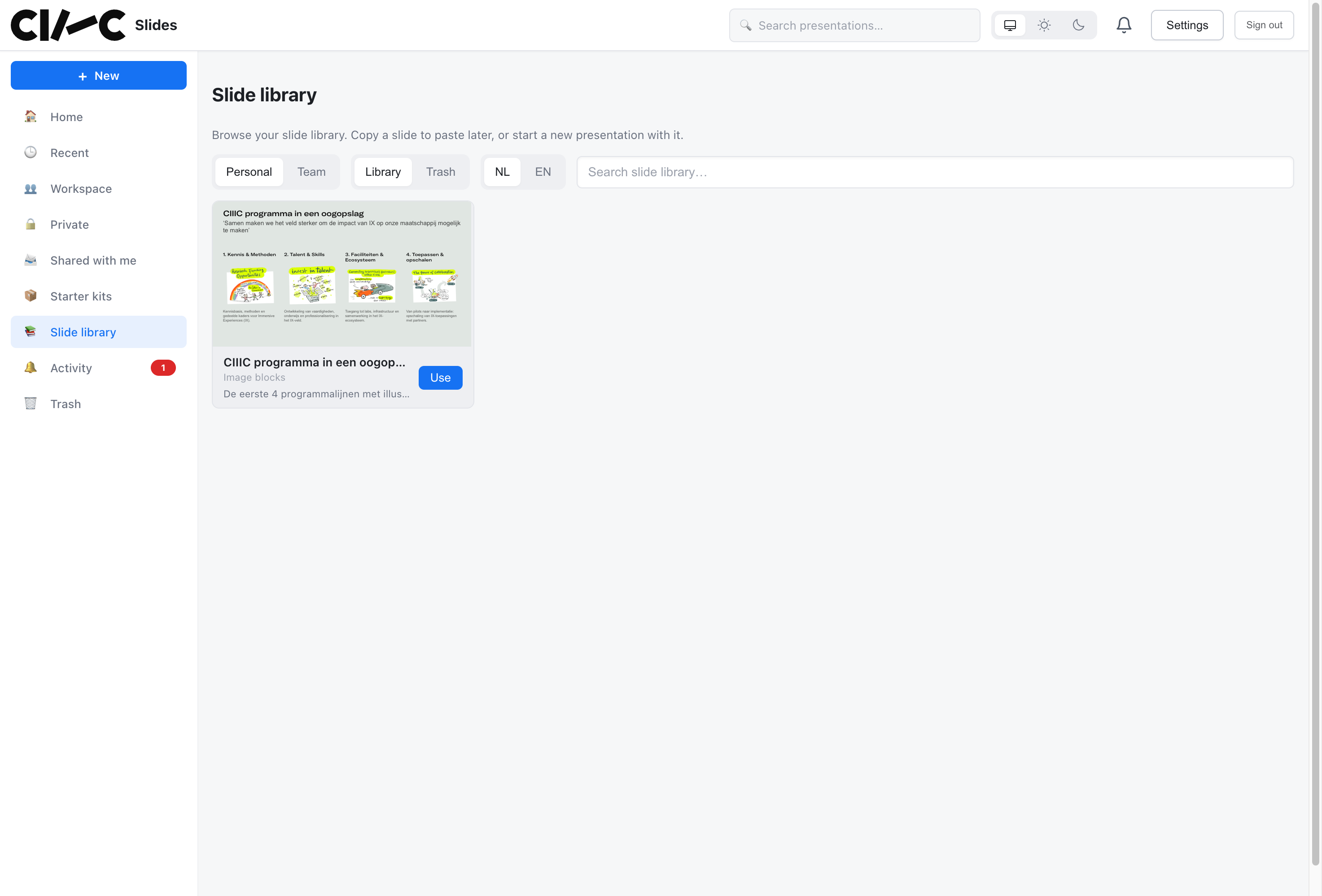 Slide library with personal and team slides