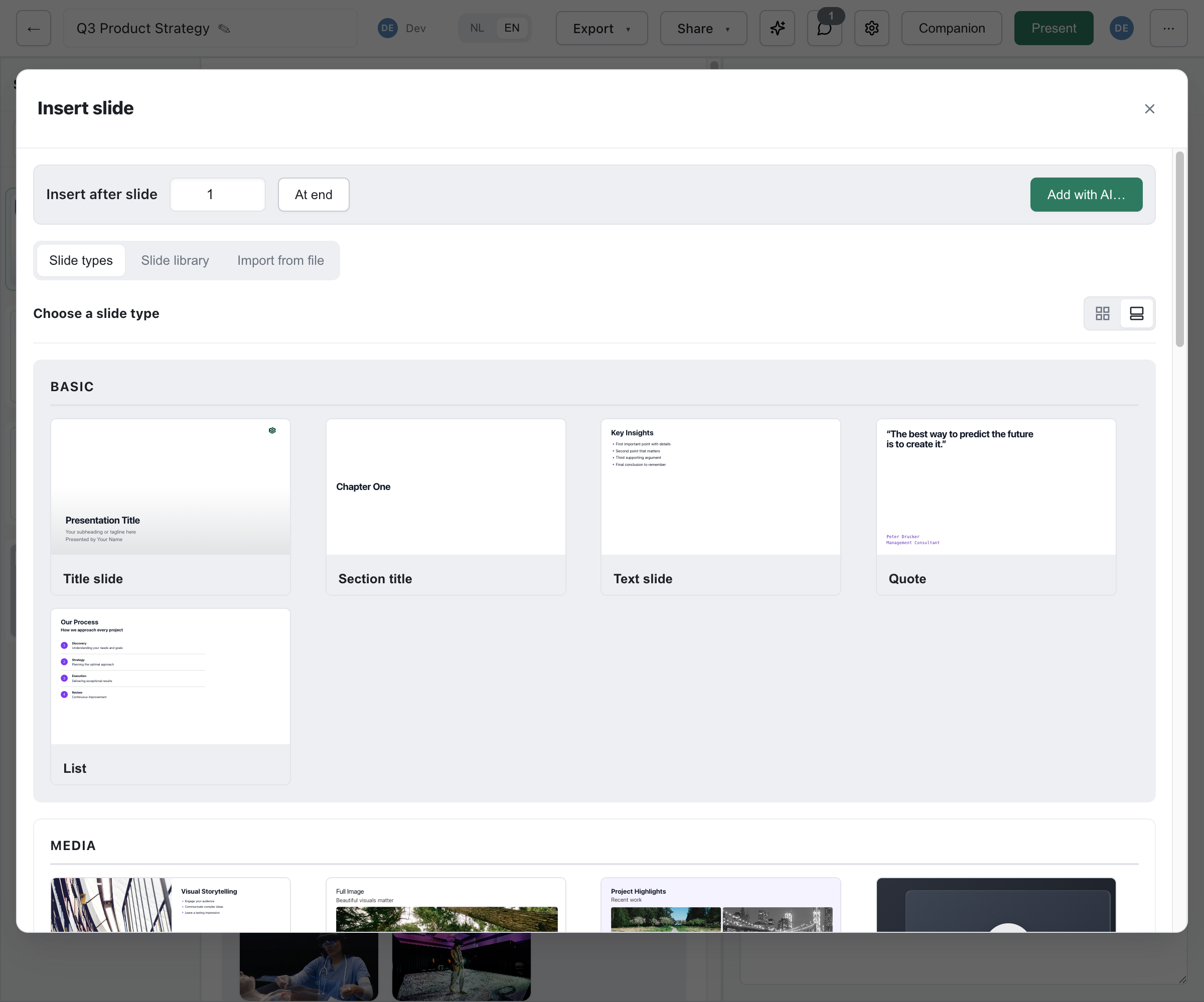 Slide type picker showing Basic category with Title slide, Section title, Text slide, Quote, and List types