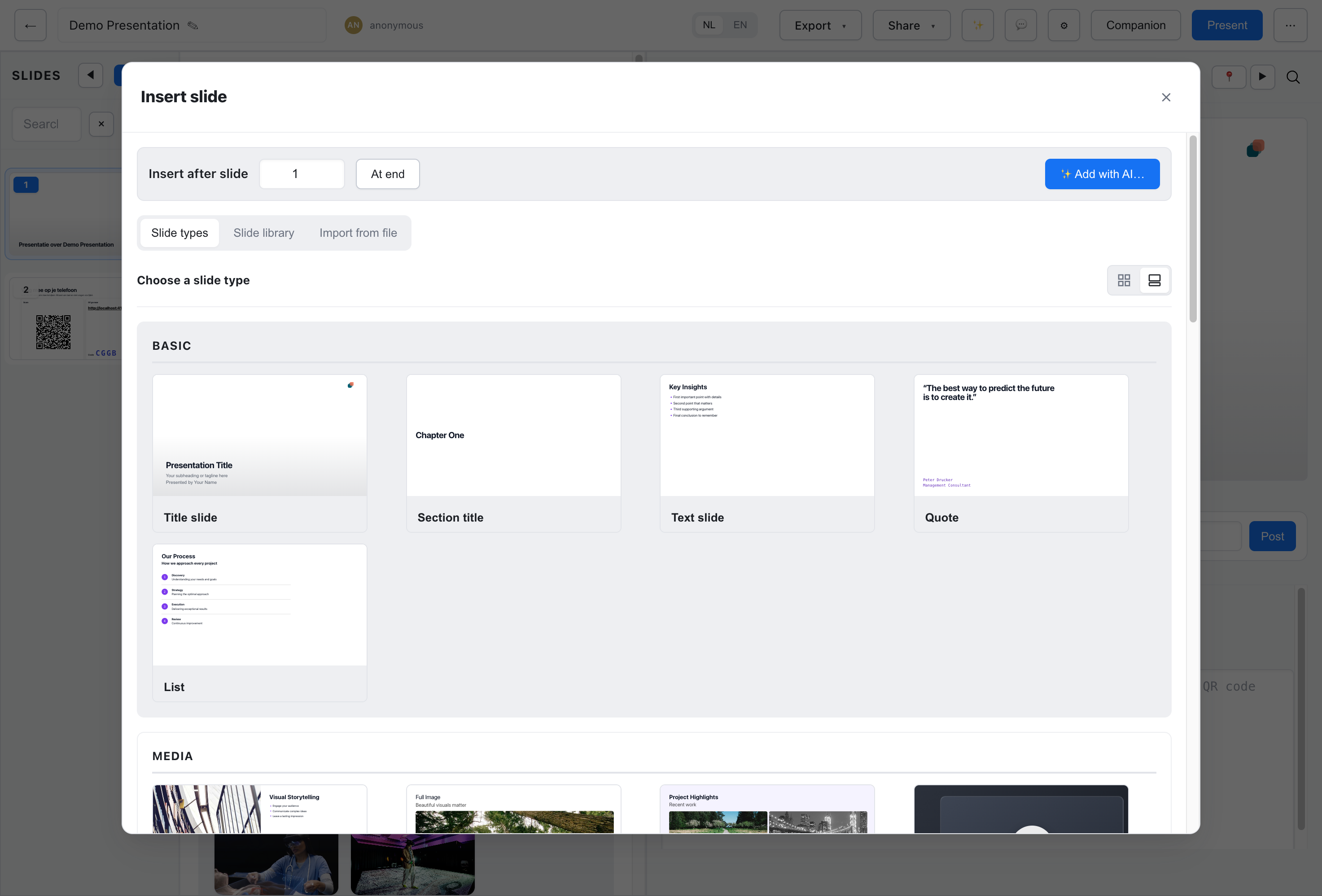 Slide type picker showing available categories