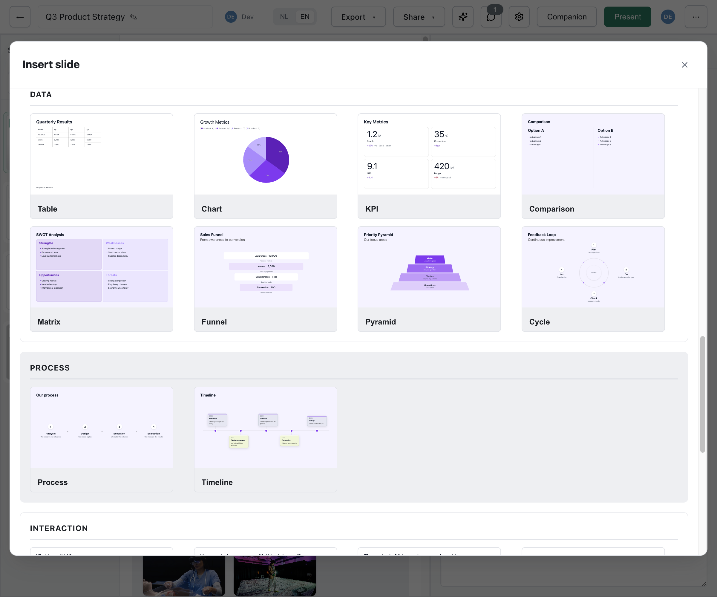 Slide type picker showing Data category with Table, Chart, KPI, Comparison, Matrix, Funnel, Pyramid, and Cycle types