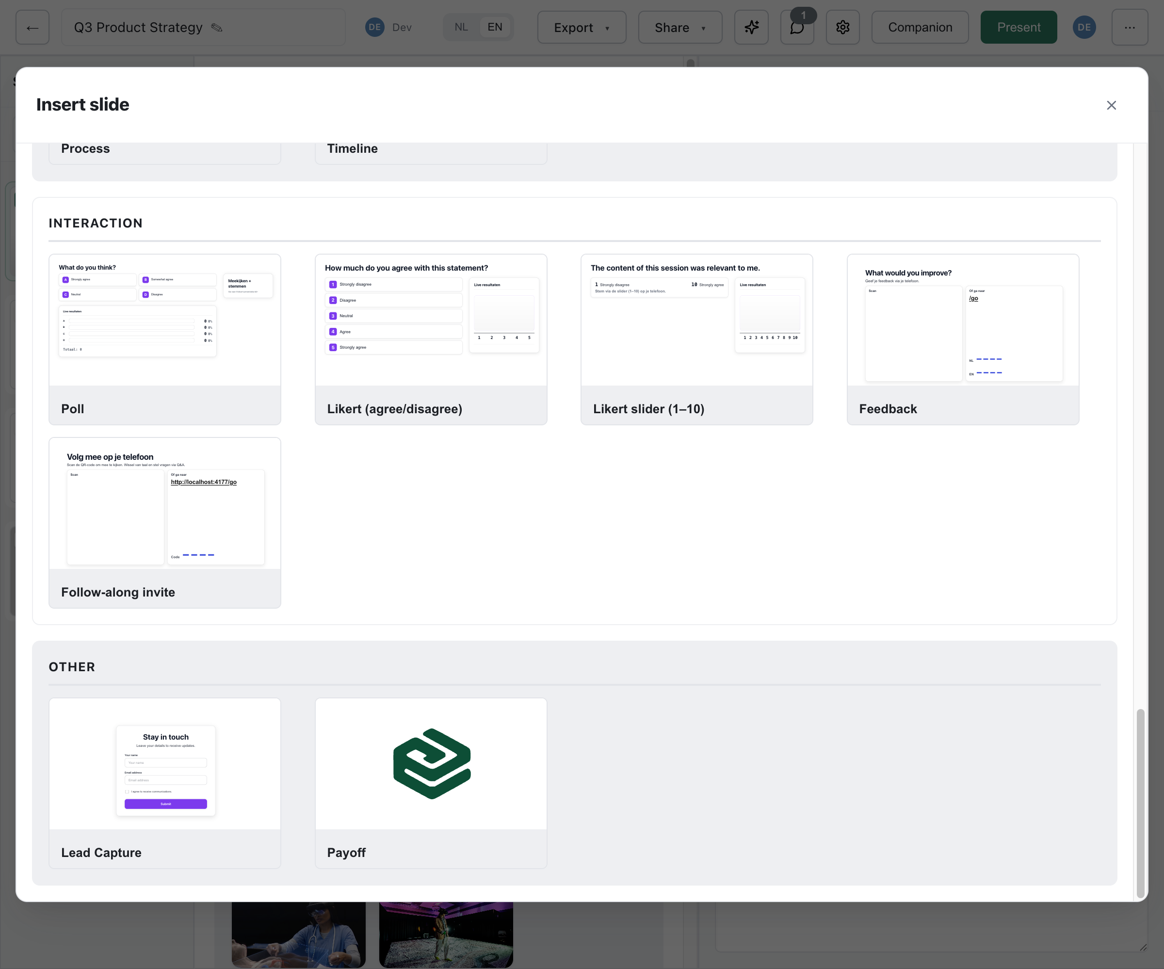Interaction slide types in the slide picker: Poll, Likert, Likert slider, Feedback, and Follow-along invite