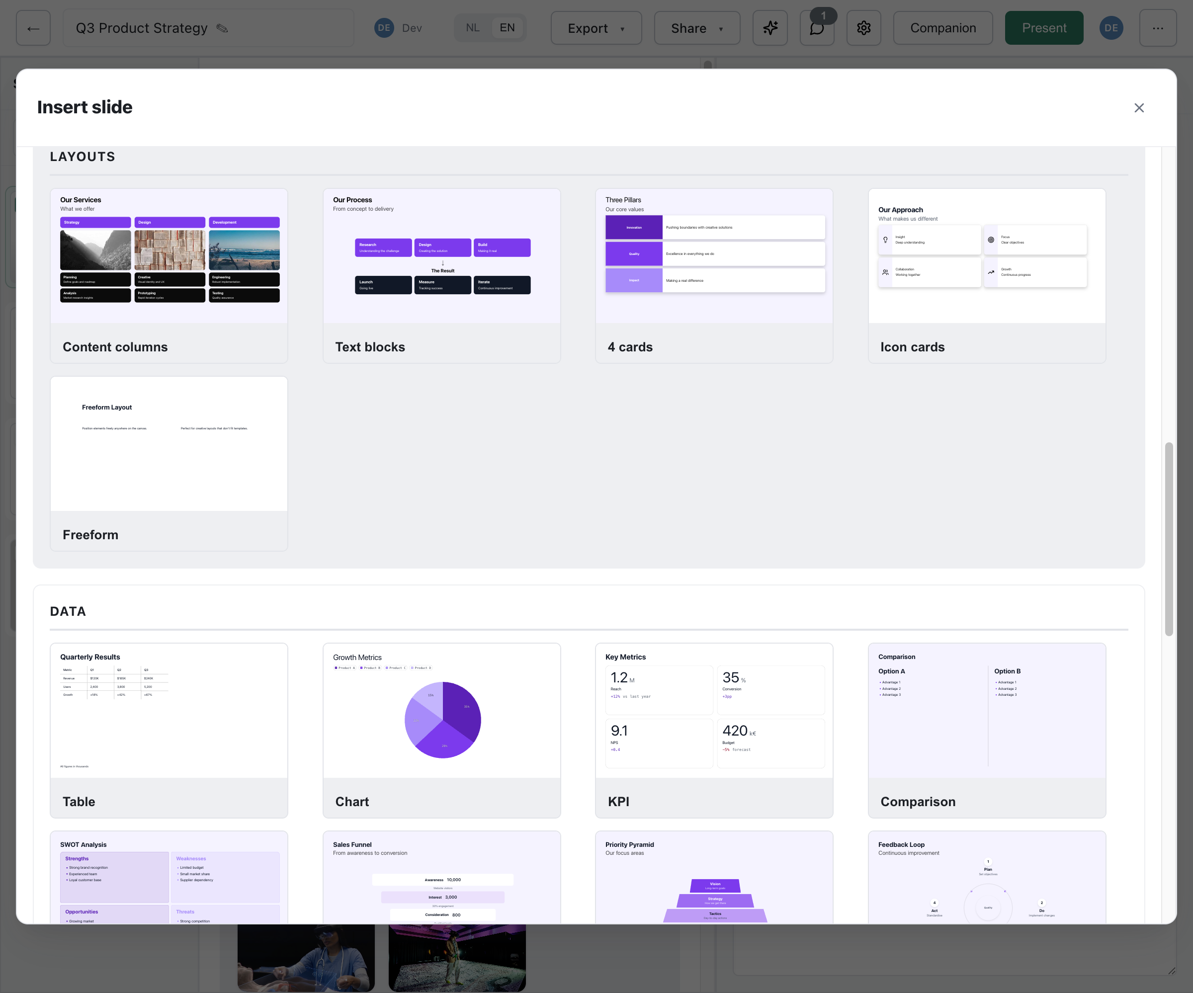 Slide type picker showing Layouts category with Content columns, Text blocks, 4 cards, Icon cards, and Freeform slide types