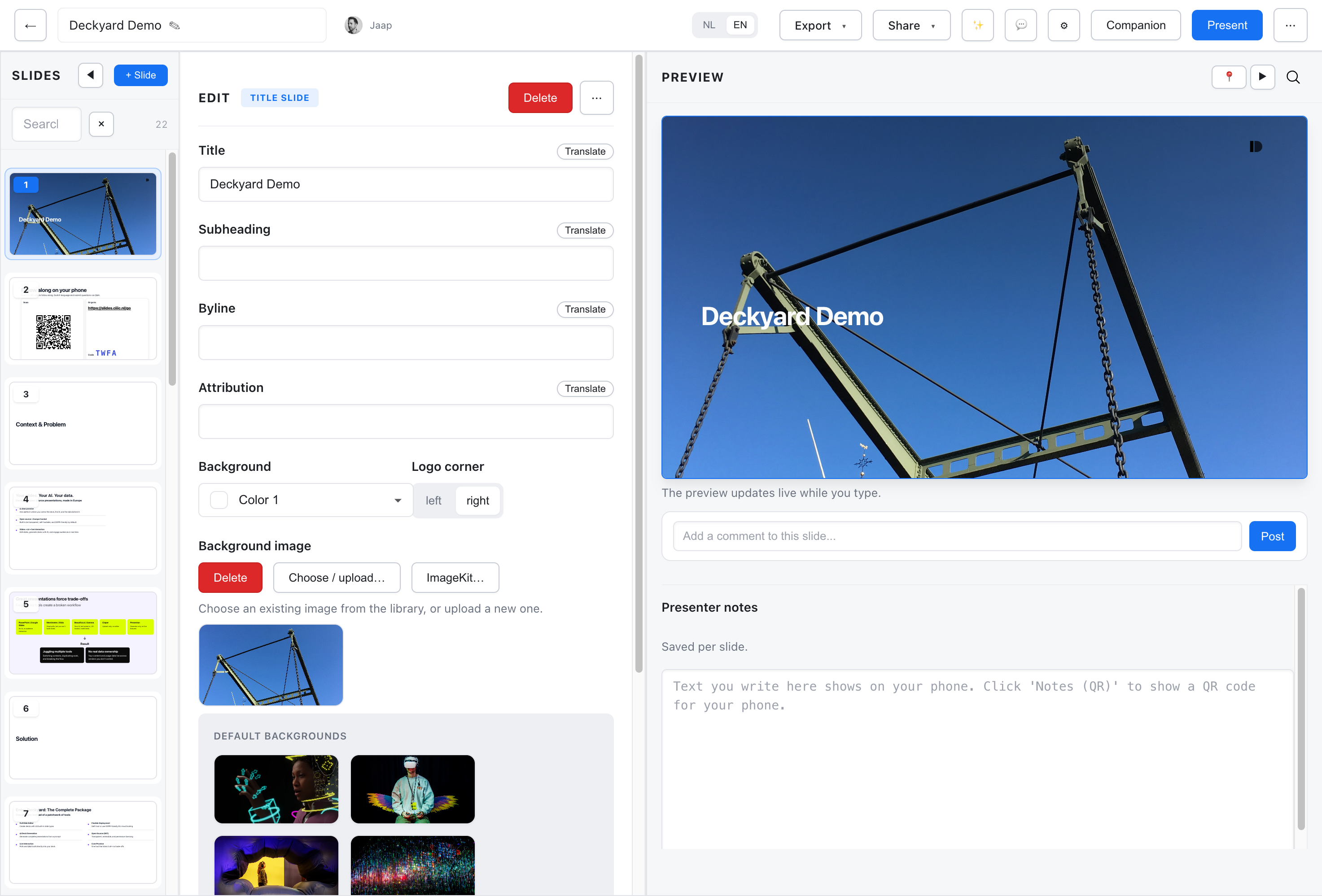 Editor with slides panel showing thumbnails and navigation