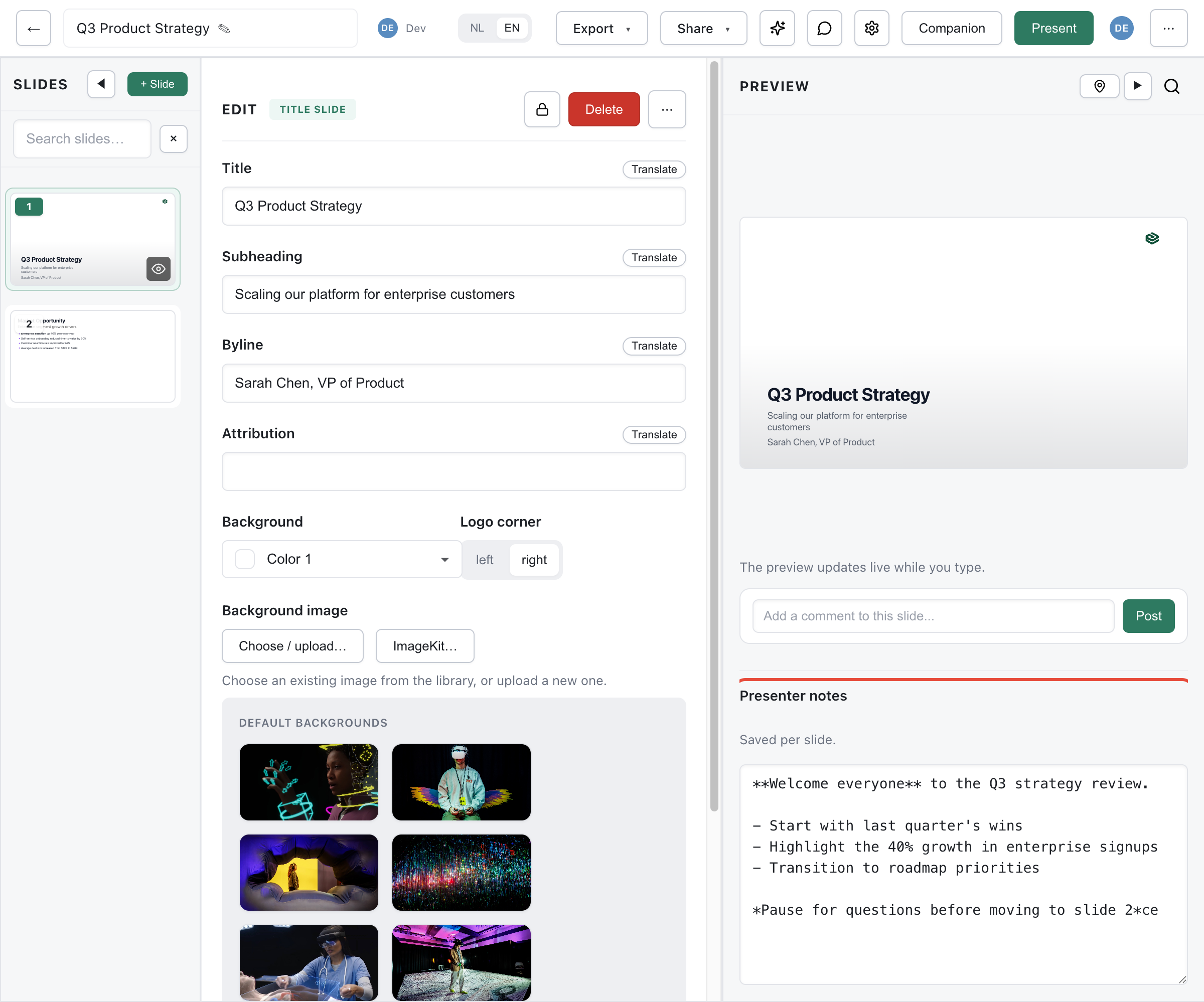 Editor showing the Presenter notes field at the bottom-right, below the slide preview