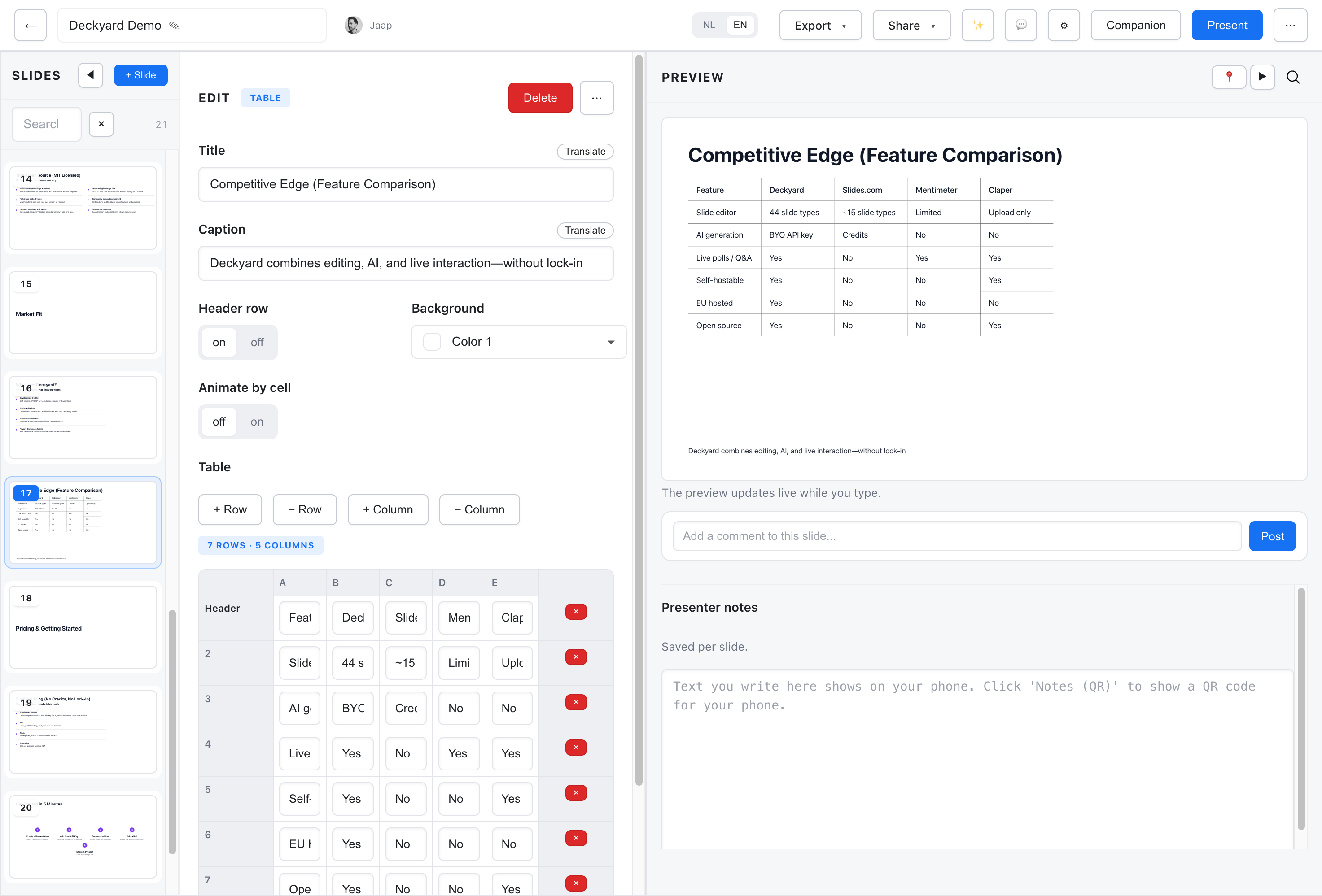 Table slide editor with grid interface