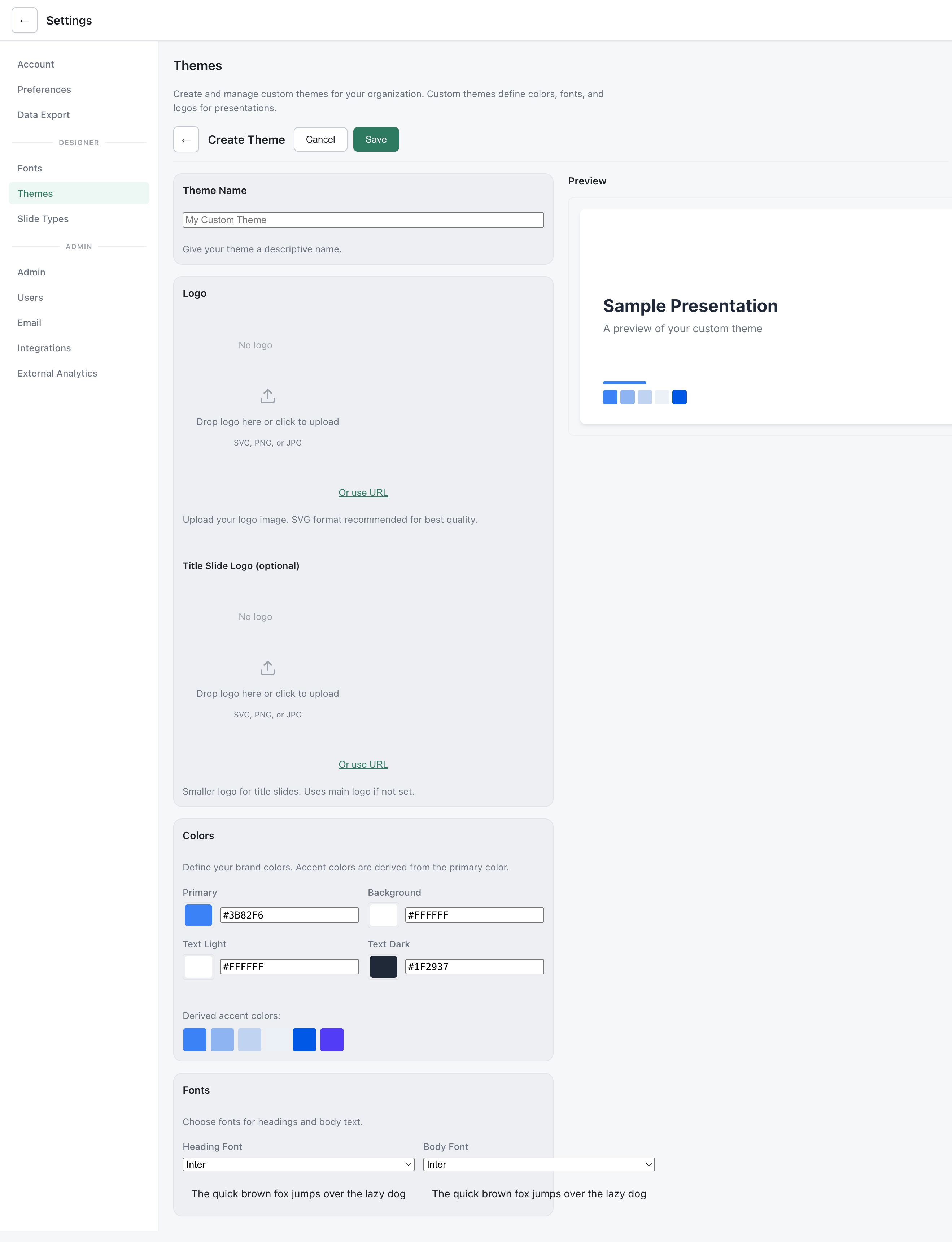 Theme Editor with name, logo, color pickers, font selectors, and live preview