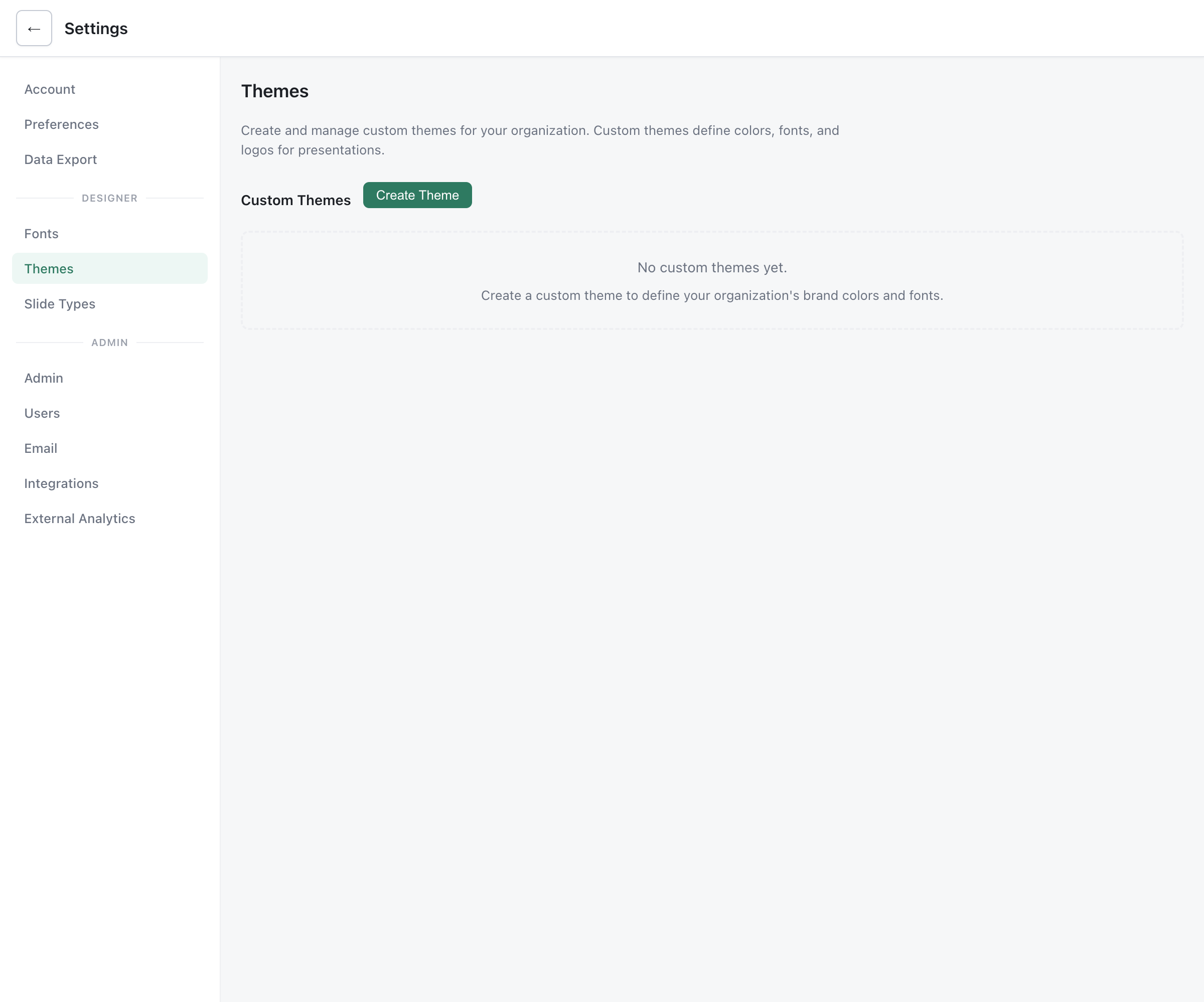 Themes settings page showing custom theme management with Create Theme button