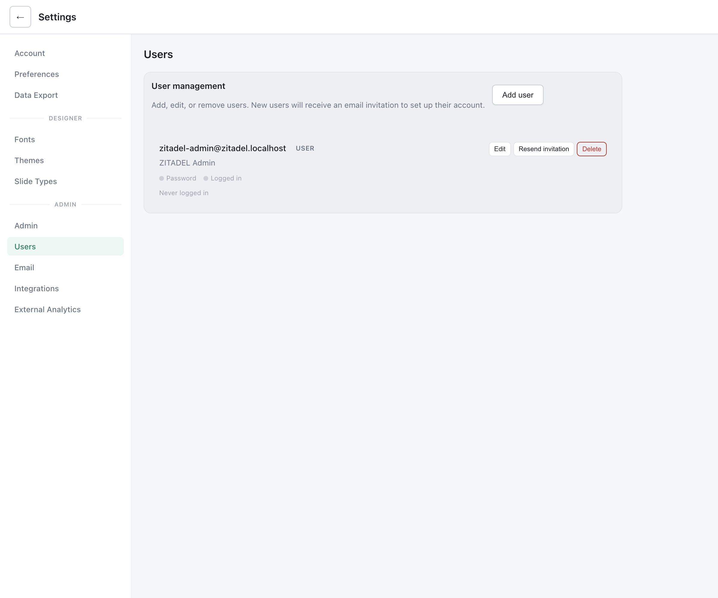 User management panel showing user list with email, role, status, and action buttons
