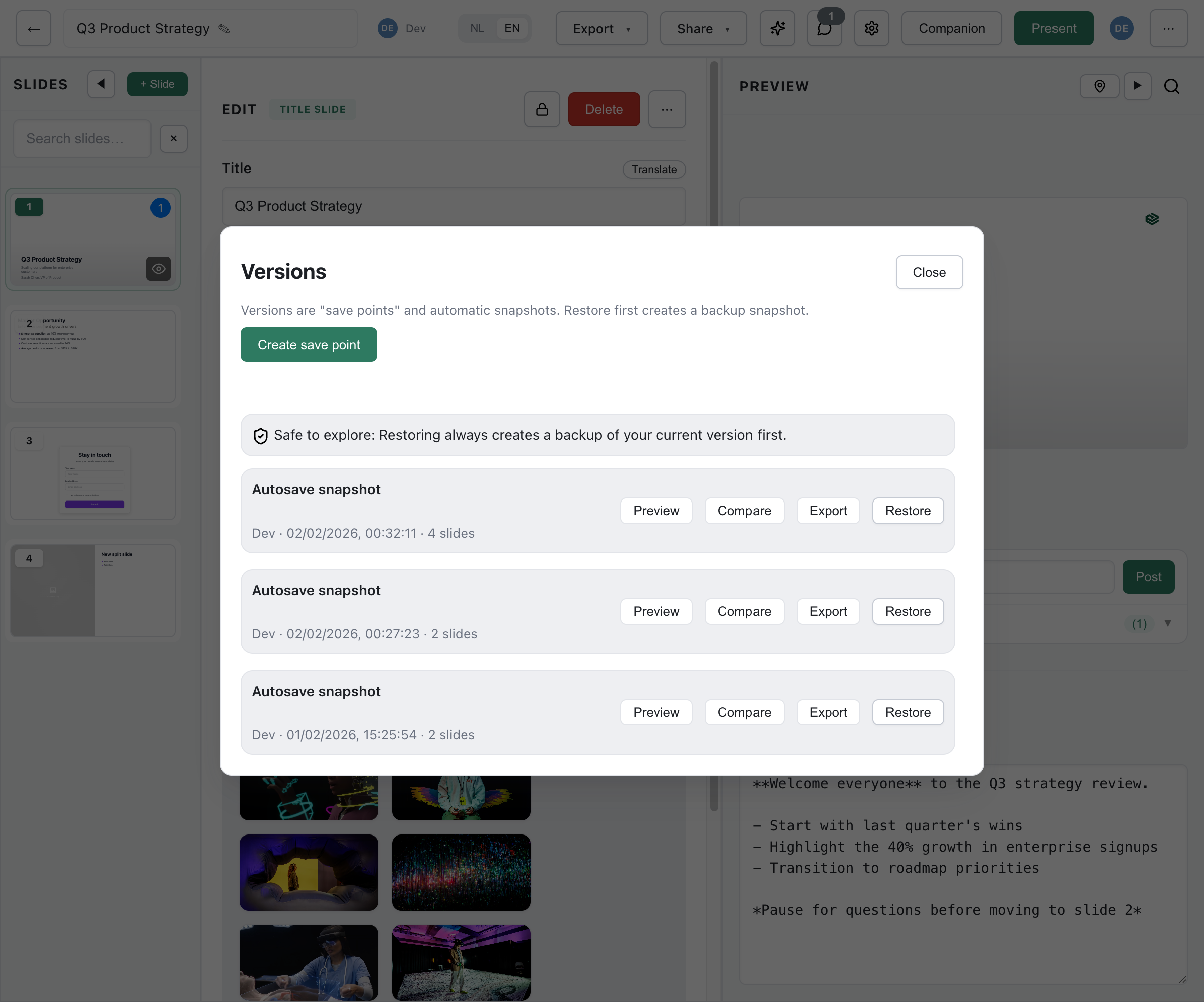 Version history dialog showing autosave snapshots with Preview, Compare, Export, and Restore actions